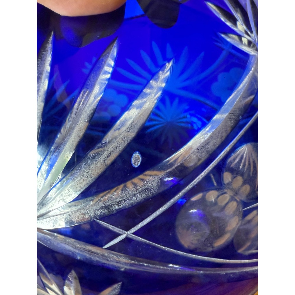 Cobalt Blue Cut to Clear Glass Rose Bowl Vase Star Fan Round Orb Bohemian 6.5" - Picture 5 of 11